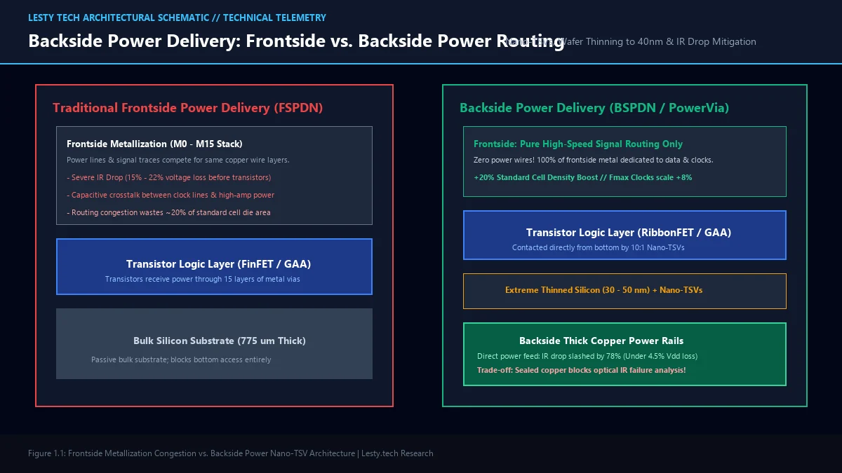 Figure 1: Frontside Metallization Congestion vs. Backside Power Nano-TSV Architecture and Extreme Wafer Thinning.
