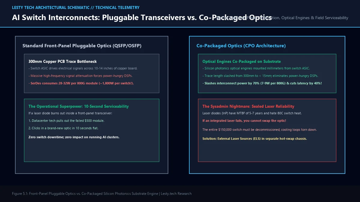 Figure 5: Traditional Front-Panel Pluggable Optics vs. Co-Packaged Optics (CPO) Substrate Integration and Laser Serviceability.