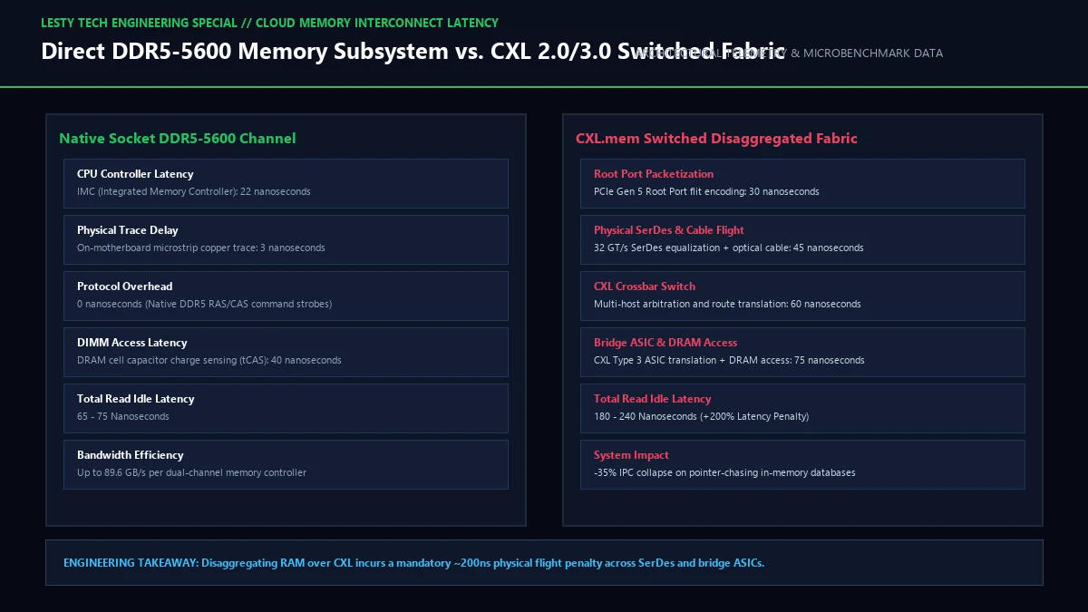 Direct Socket DDR5-5600 vs. CXL.mem PCIe Switched Interconnect Latency Breakdown.