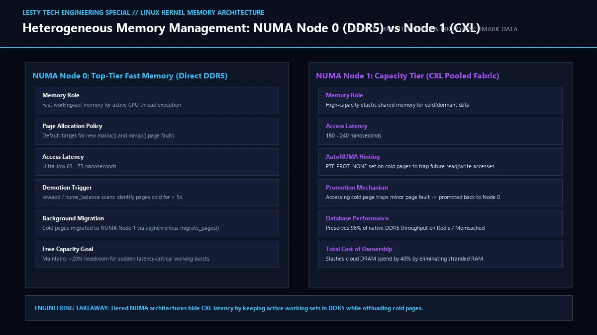Linux Kernel Heterogeneous NUMA Tiering (Node 0 DDR5 vs. Node 1 CXL) Page Migration Flow.