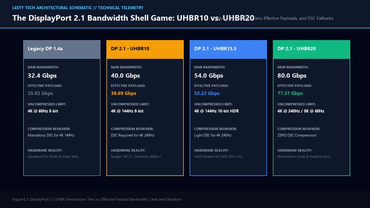 Figure 6: DisplayPort 2.1 Ultra-High Bit Rate (UHBR) Transmission Tiers, Effective Payloads, and DSC Fallbacks.