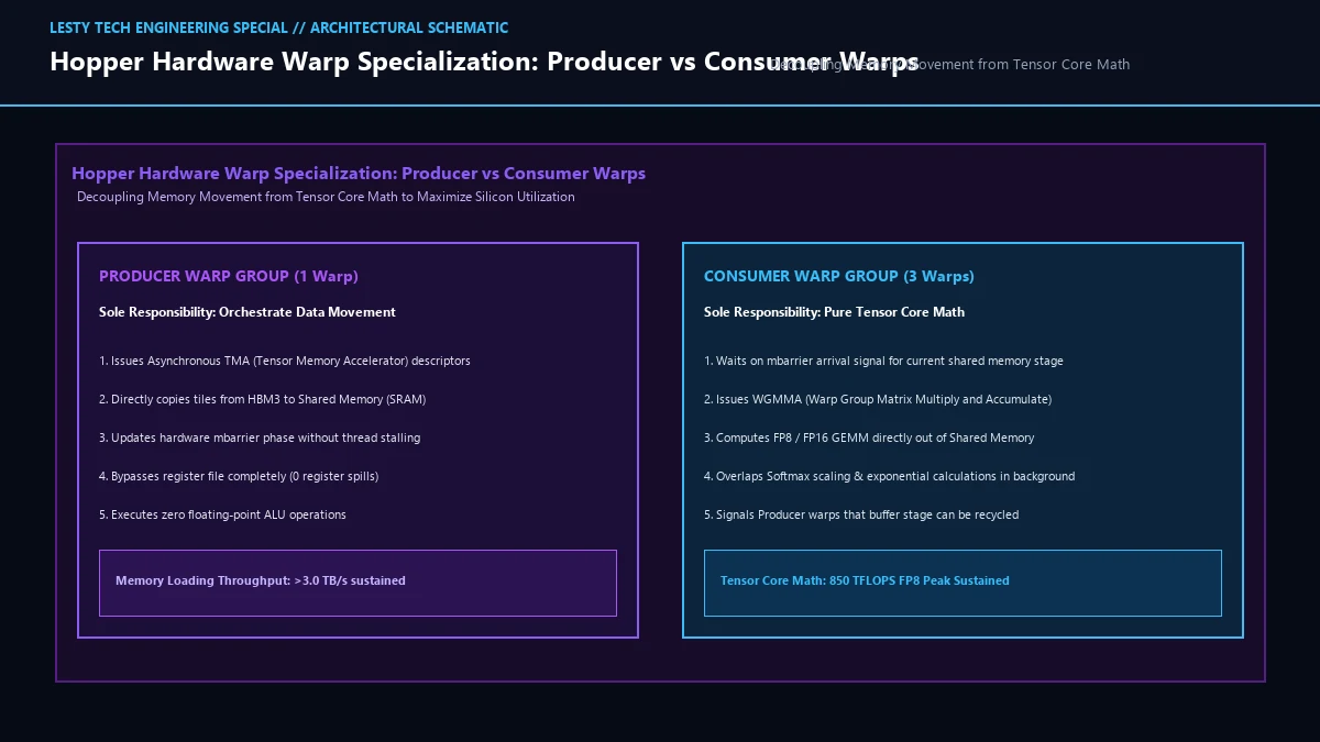 Hardware Warp Specialization: Producer Warps Decoupled from Consumer Tensor Cores.