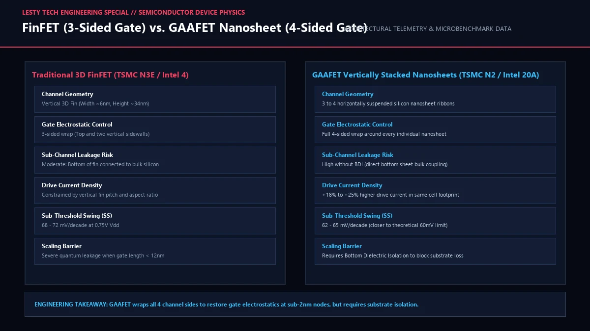 3D FinFET vs. GAAFET Nanosheet Electrostatic Channel Geometry and Gate Control.