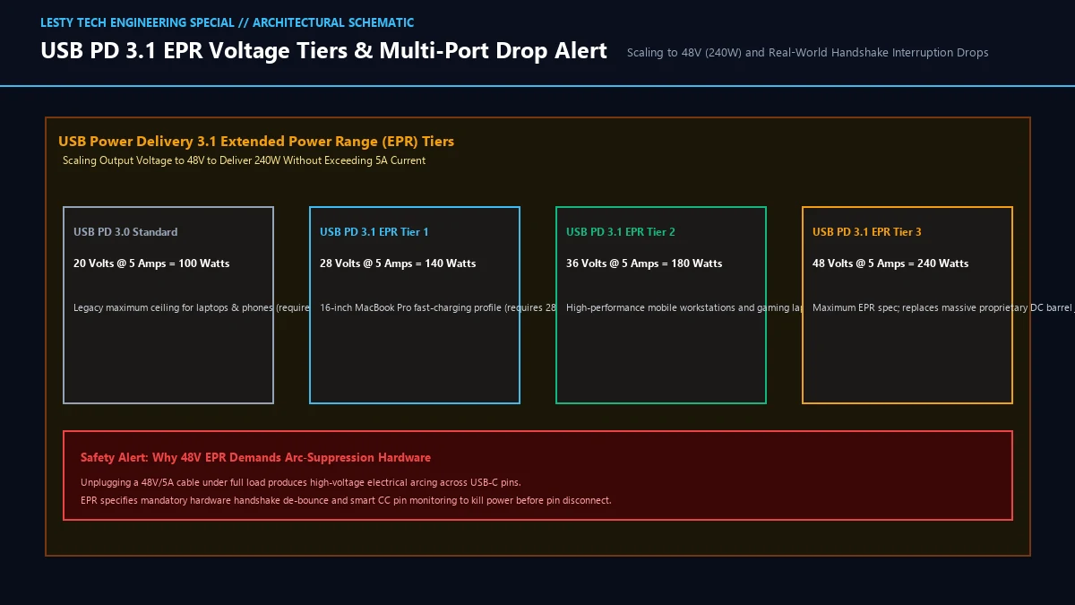 USB PD 3.1 EPR Voltage Tiers (28V/36V/48V) and Multi-Port Dynamic Wattage Drop Timeline.