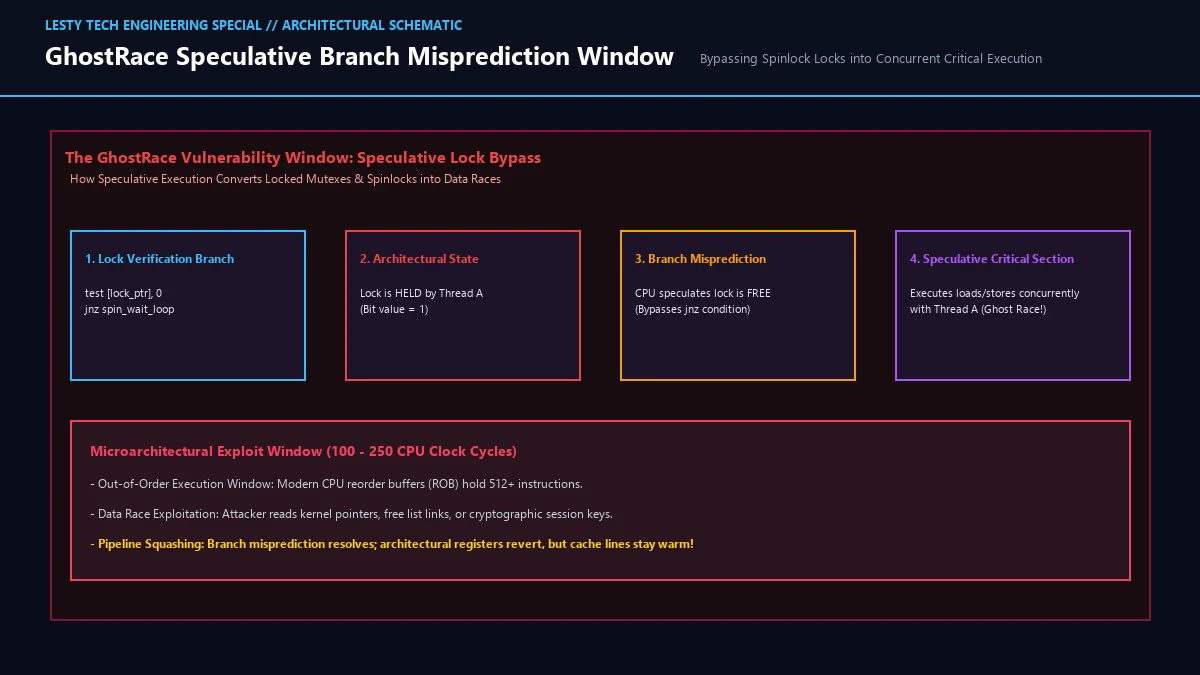 Speculative Branch Misprediction Window Bypassing Spinlock Locked State into Critical Section.