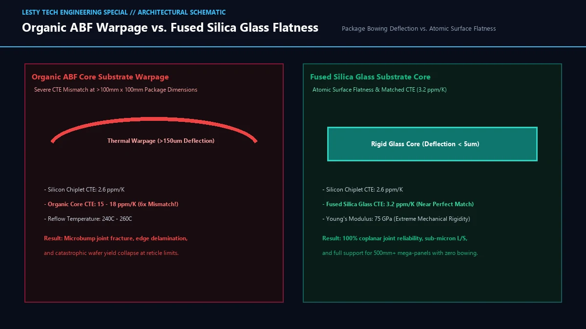 Organic ABF Core Thermal Warpage vs. Fused Silica Glass Substrate Dimensional Stability.