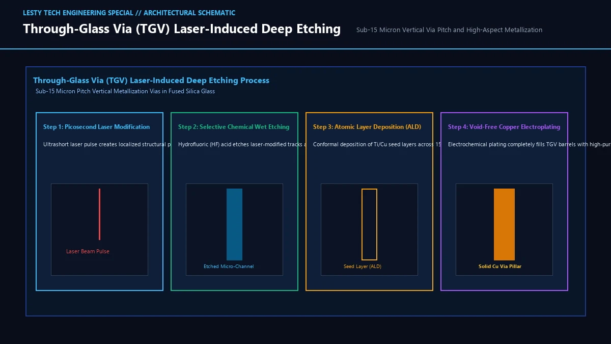 Through-Glass Via (TGV) Laser-Induced Deep Etching and Sub-Micron Metallization Pitch.