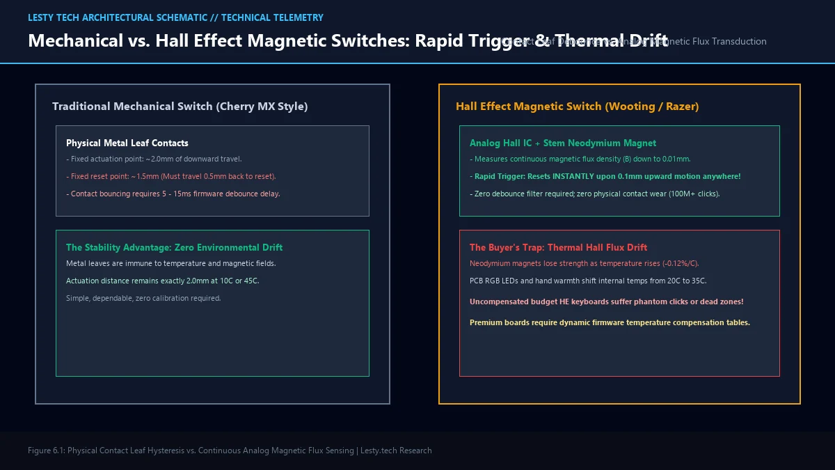 Figure 6: Mechanical Contact Leaf Hysteresis vs. Analog Hall Effect Magnetic Flux Sensing and Rapid Trigger Reset.