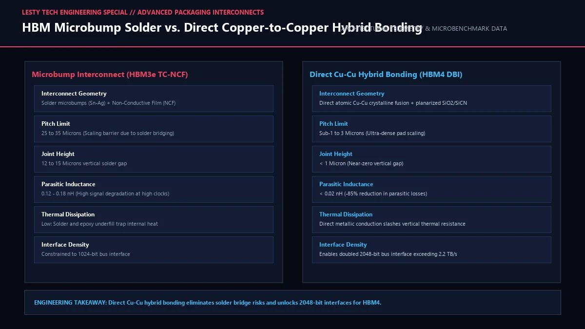 Traditional Microbump Solder vs. Direct Copper-to-Copper (Cu-Cu) Hybrid Bonding Pitch and Interfacial Layer.