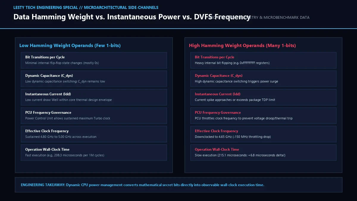 Data Hamming Weight vs. Instantaneous Power Spike vs. DVFS Clock Throttling.