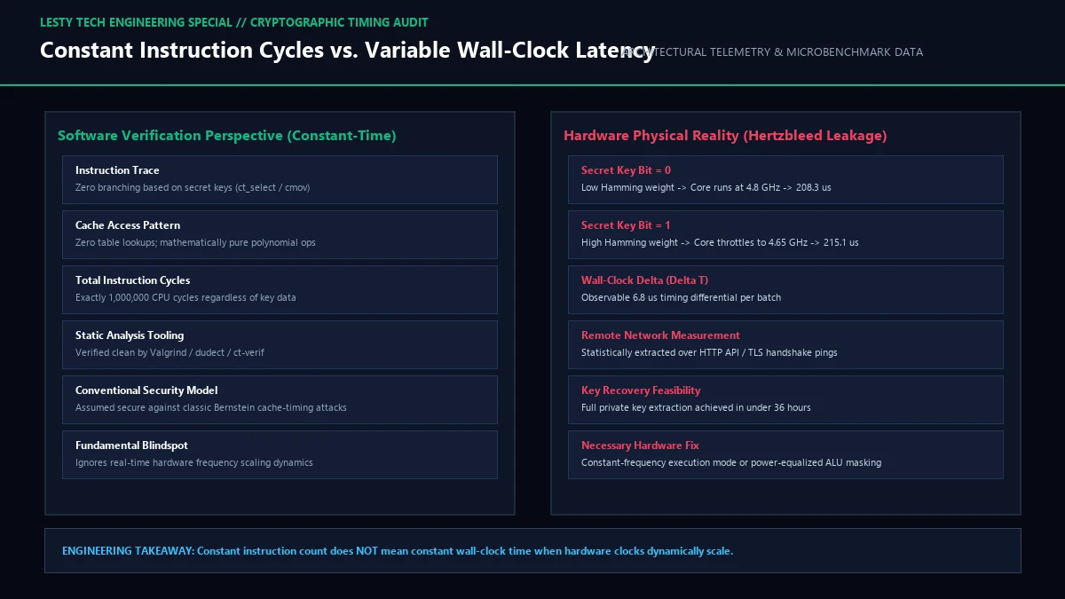 Constant Instruction Cycles vs. Variable Wall-Clock Execution Time Timeline.