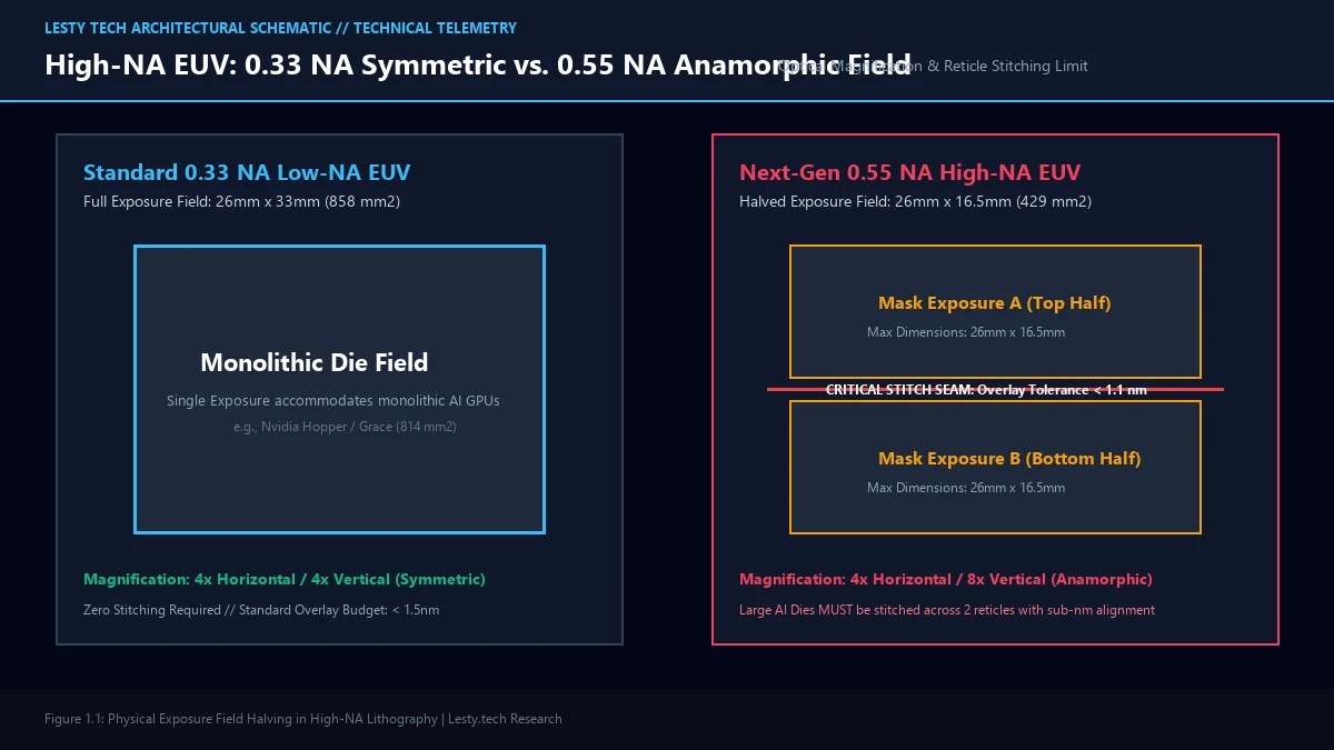 Figure 1: ASML 0.33 NA Symmetric Exposure Field (858 mm²) vs. 0.55 NA Anamorphic Halved Field (429 mm²) and the Sub-1.1nm Stitching Seam.