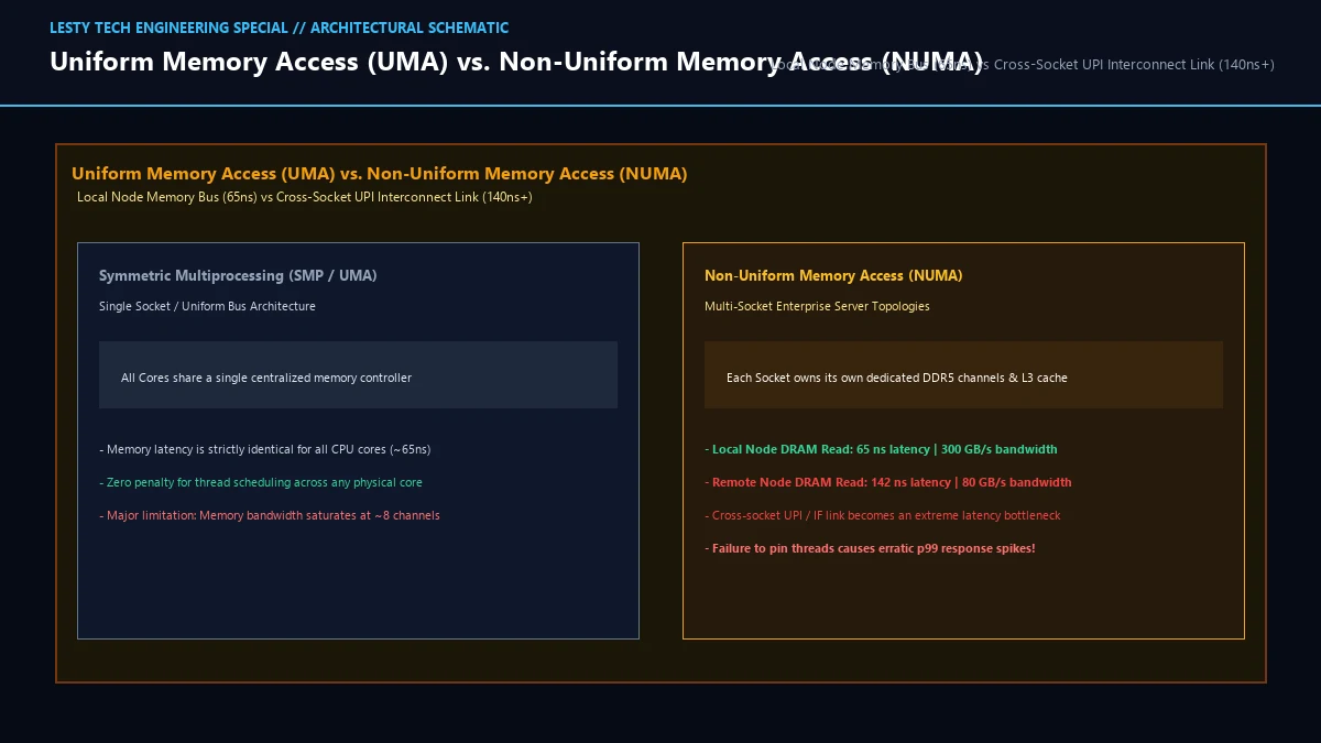 Uniform Memory Access (UMA) vs. Non-Uniform Memory Access (NUMA) Interconnect Architecture.