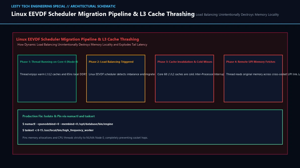 Linux EEVDF Scheduler Migration Pipeline and L1/L2 Cache Invalidation Thrashing.