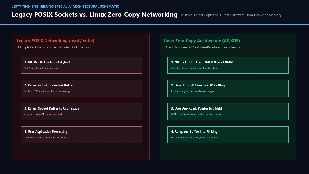 Standard POSIX Multi-Copy Kernel Network Flow vs. Direct Zero-Copy Ring Buffer Architecture.