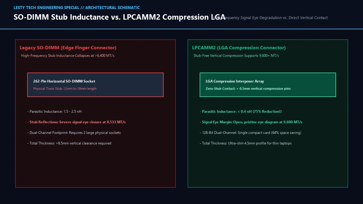SO-DIMM High-Frequency Stub Capacitance vs. LPCAMM2 Direct Compression LGA Interconnect.