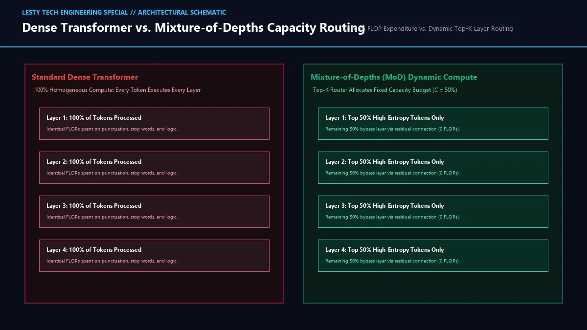 Standard Dense Transformer Uniform FLOP Flow vs. Mixture-of-Depths Top-K Capacity Routing.
