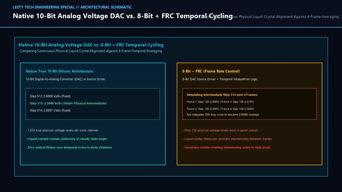 Native 10-Bit Analog Voltage DAC Stepping vs. 8-Bit + FRC 4-Frame Temporal Modulation.
