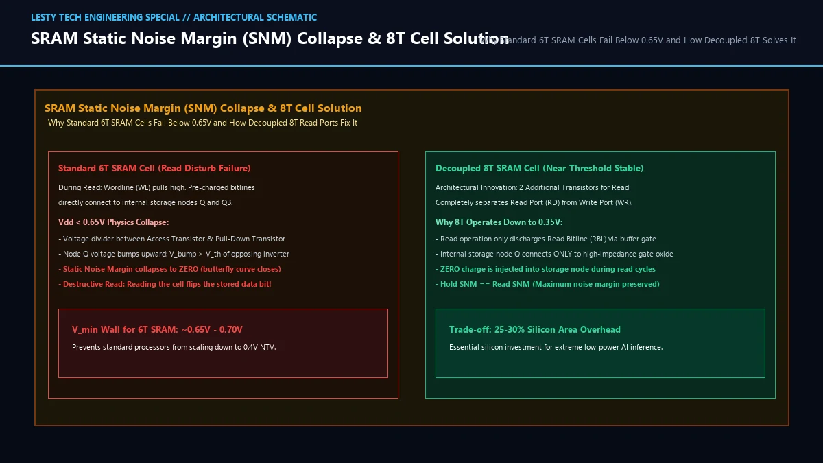 SRAM Static Noise Margin (SNM) Collapse & Decoupled 8T Bitcell Architecture.