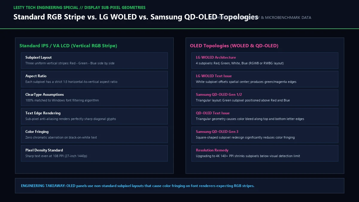 Standard Vertical RGB Stripe vs. Samsung QD-OLED Triangular Matrix vs. LG WOLED Four-Subpixel Layout.