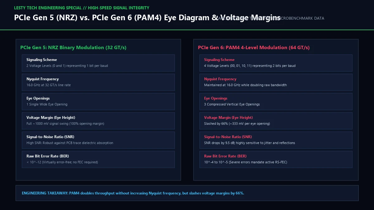 Non-Return-to-Zero (NRZ) Single Eye vs. PAM4 3-Eye Voltage Opening and 9.54 dB SNR Collapse.