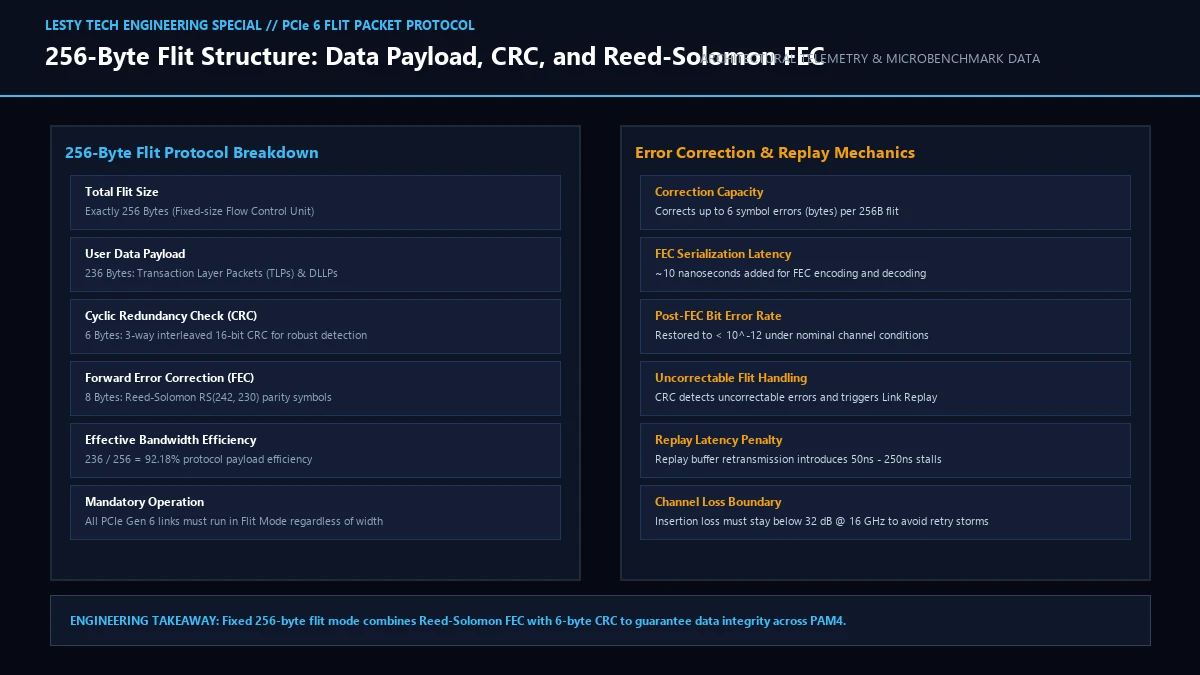 PCIe 6.0 Standardized 256-Byte FLIT Layout Featuring 3-Way Interleaved Reed-Solomon FEC and 48-bit CRC.