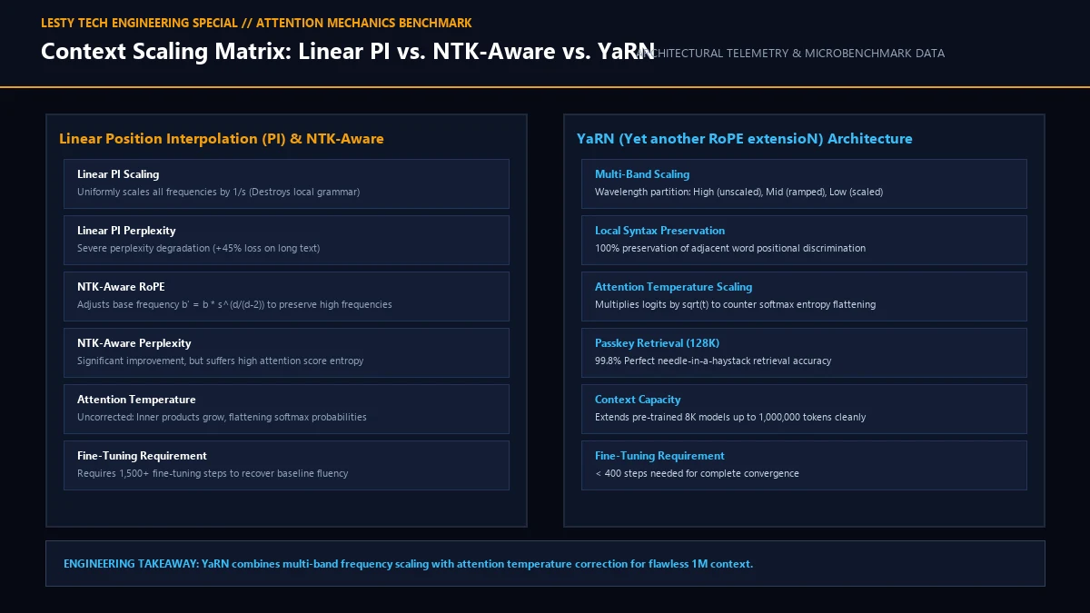 Context Scaling Architecture Comparison: Linear PI vs. NTK-Aware vs. YaRN Scaling.