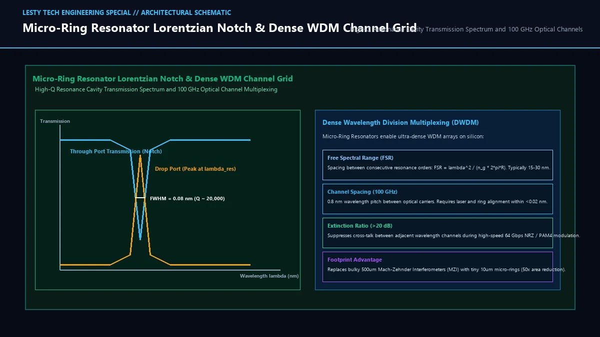 Micro-Ring Resonator High-Q Lorentzian Resonance Notch and 100 GHz DWDM Grid.