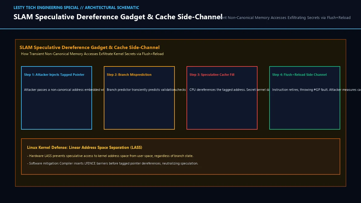 SLAM Speculative Dereference Gadget and Flush+Reload Side-Channel Pipeline.