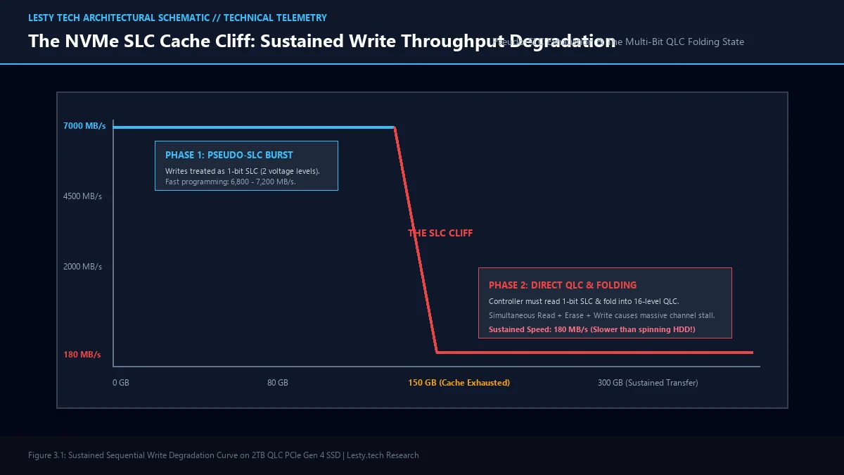 Figure 3: NVMe SSD Pseudo-SLC Cache Depletion Curve and the Severe Folding Latency Collapse.