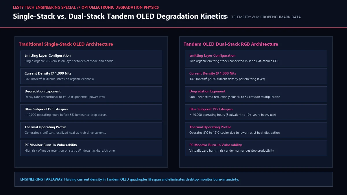 Single-Stack OLED vs. Dual-Stack Tandem OLED Current Density & T95 Lifespan Decay.