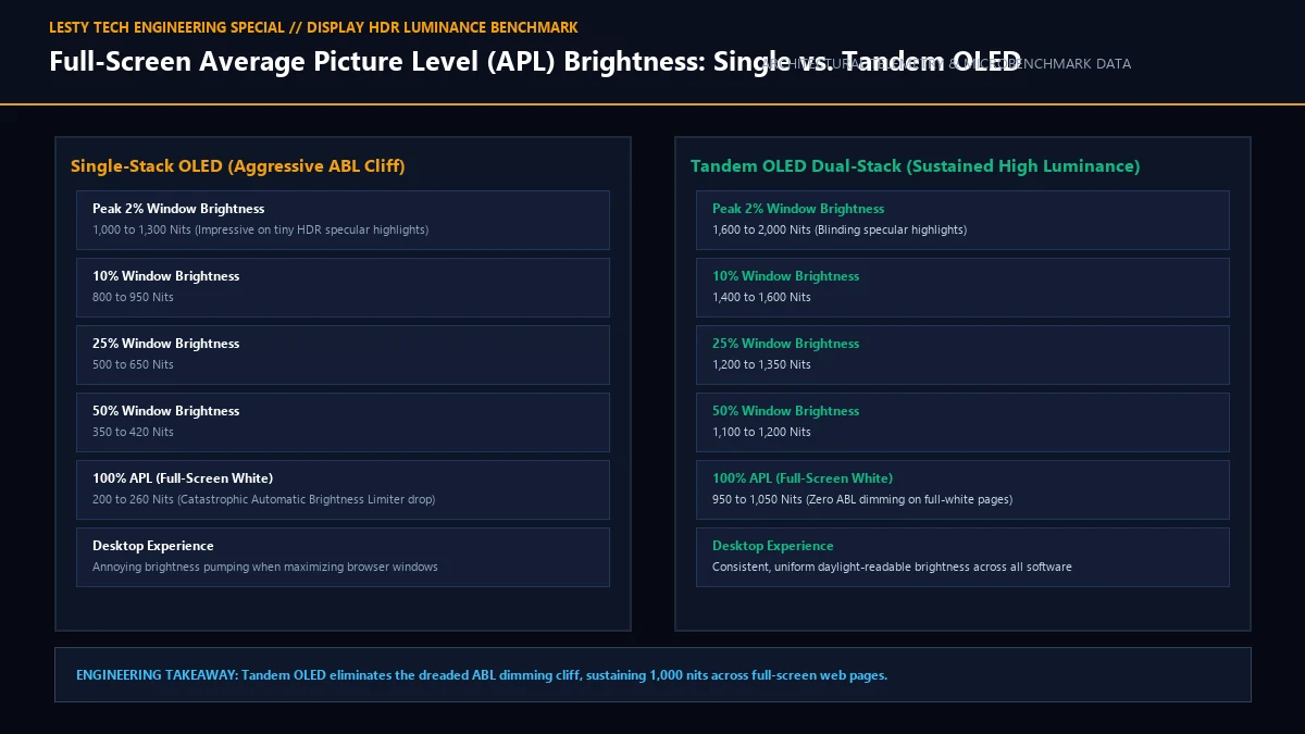 Full-Screen Average Picture Level (100% APL) Luminance: Single-Stack ABL vs. Tandem OLED.