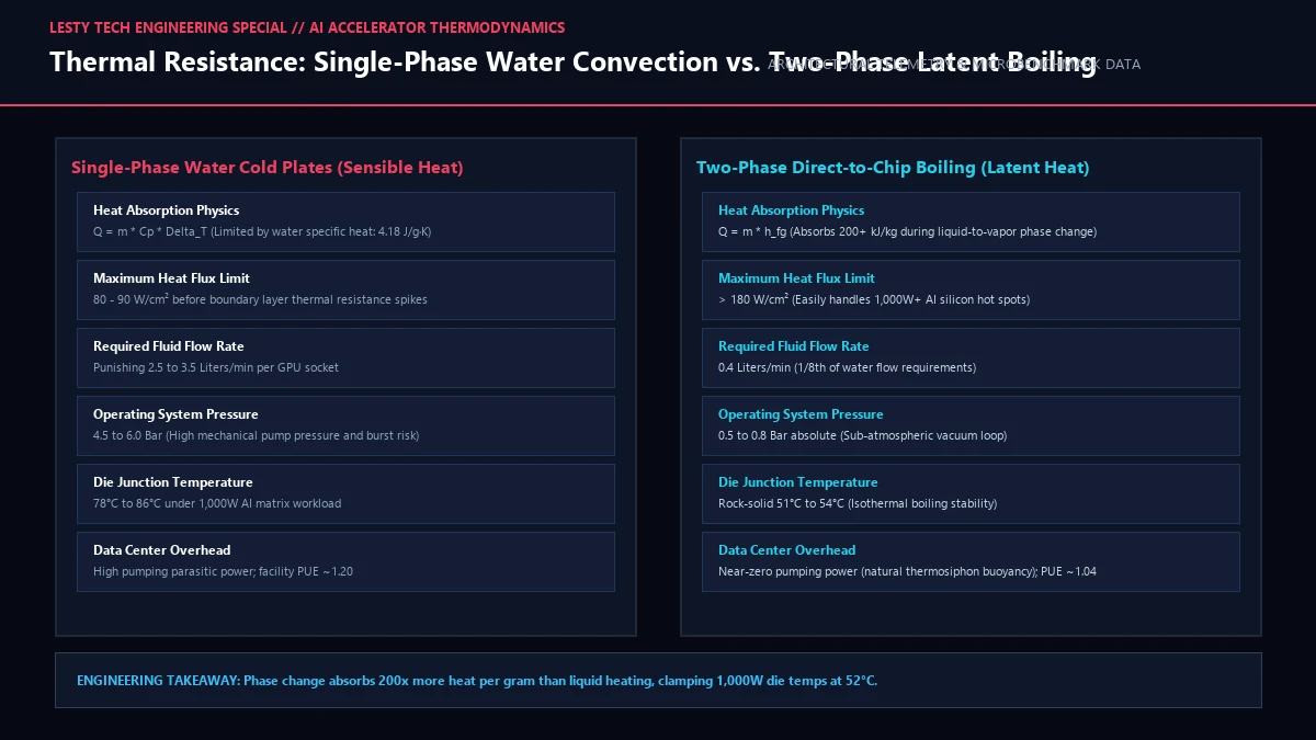 Thermal Resistance Curve: Single-Phase Water Convection vs. Two-Phase Latent Boiling.