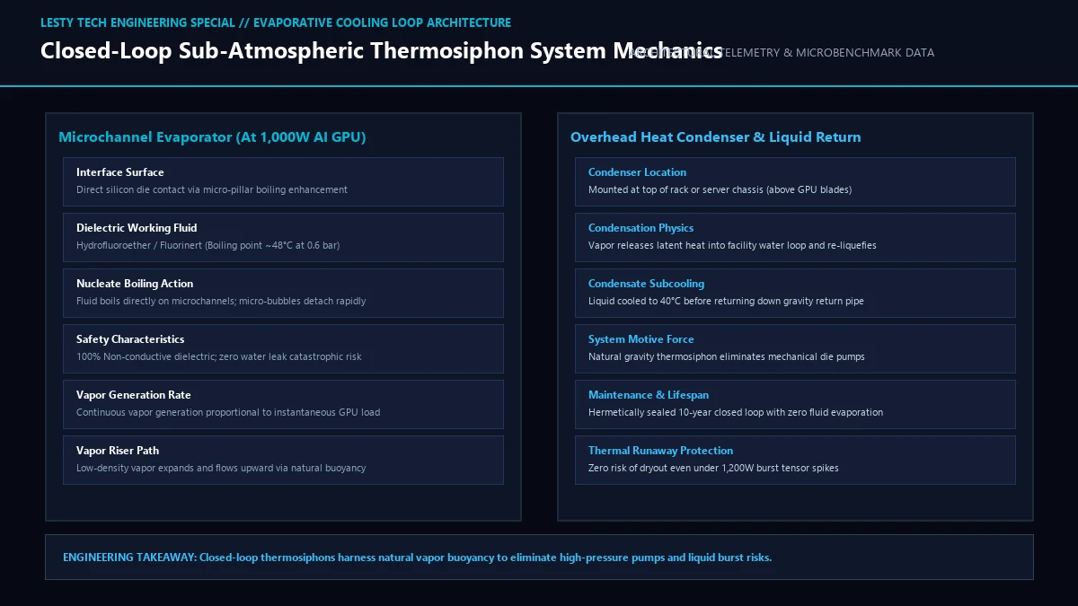 Closed-Loop Sub-Atmospheric Thermosiphon Cycle: Evaporator, Vapor Riser, and Condenser.