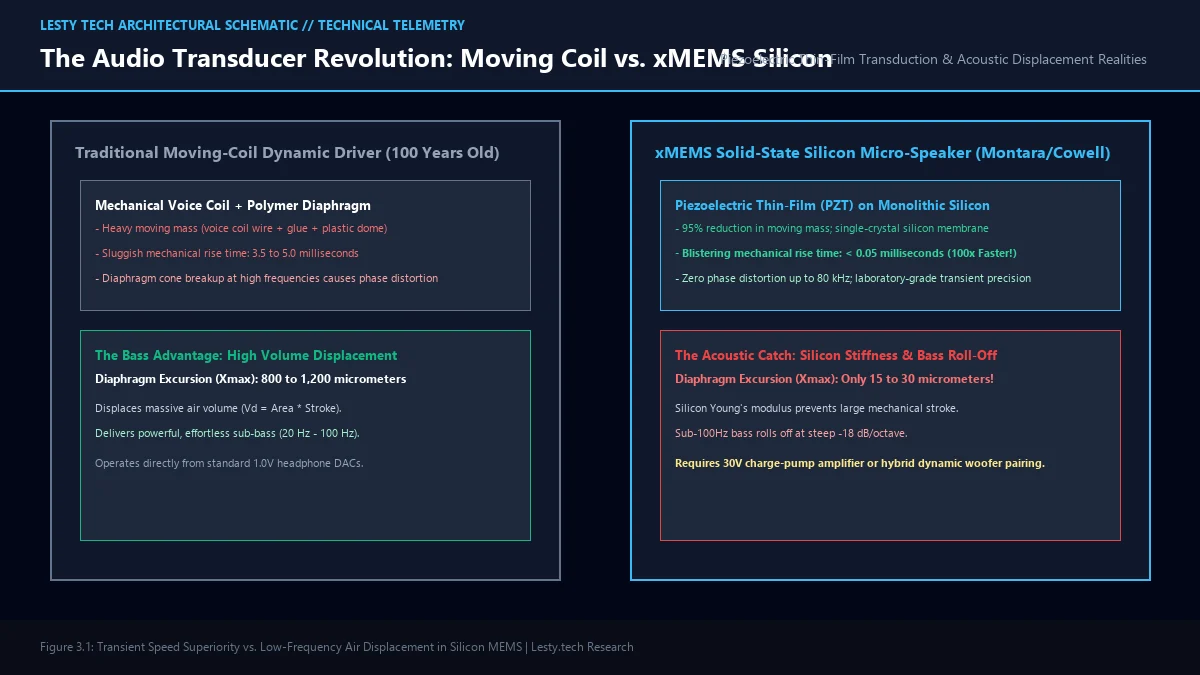 Figure 3: Moving-Coil Dynamic Driver Inertia vs. xMEMS Monolithic Silicon Piezoelectric Transduction & Air Displacement Limits.